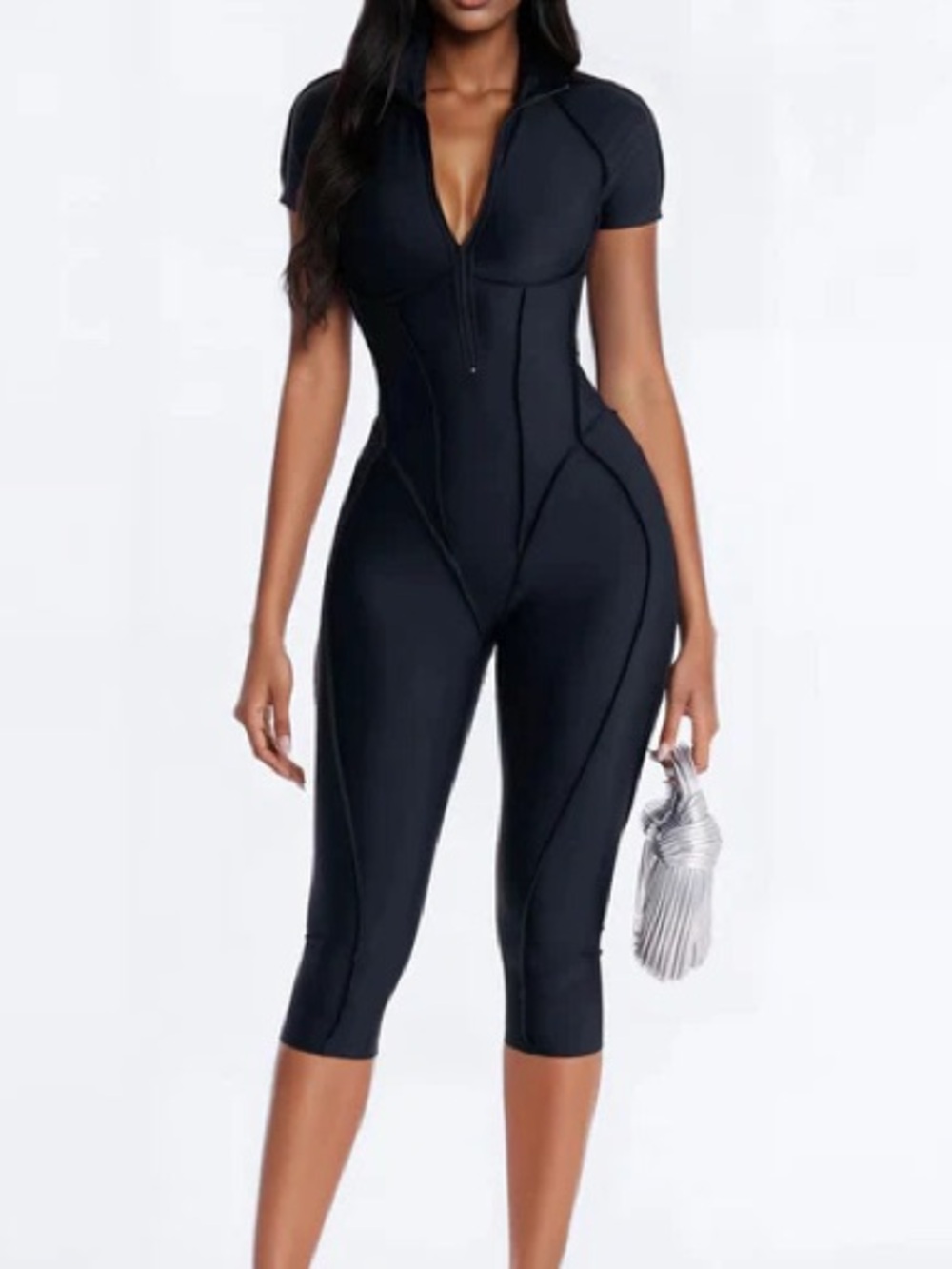 NEW Black Zip-Front Short-Sleeve Backless Capri Jumpsuit